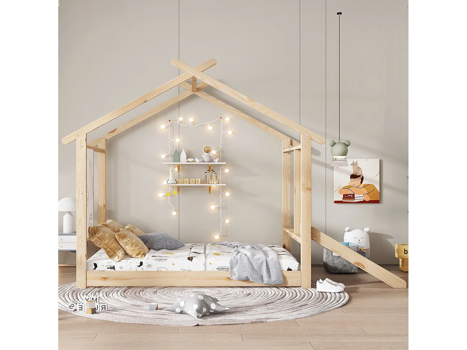 Lit enfant en bois - 90 x 200 cm - avec toboggan + tableau - design de toit - pin + MDF + contreplaqué - naturel