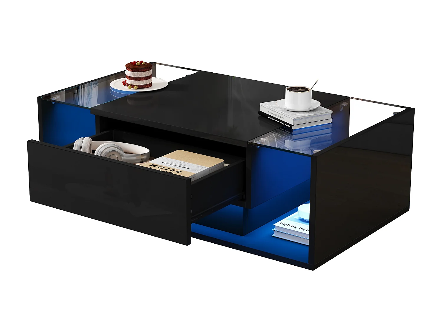 Table basse brillante avec 1 tiroir et Leds - 100 x 50 x 31 cm - table d'appoint en verre trempé - aggloméré - noir