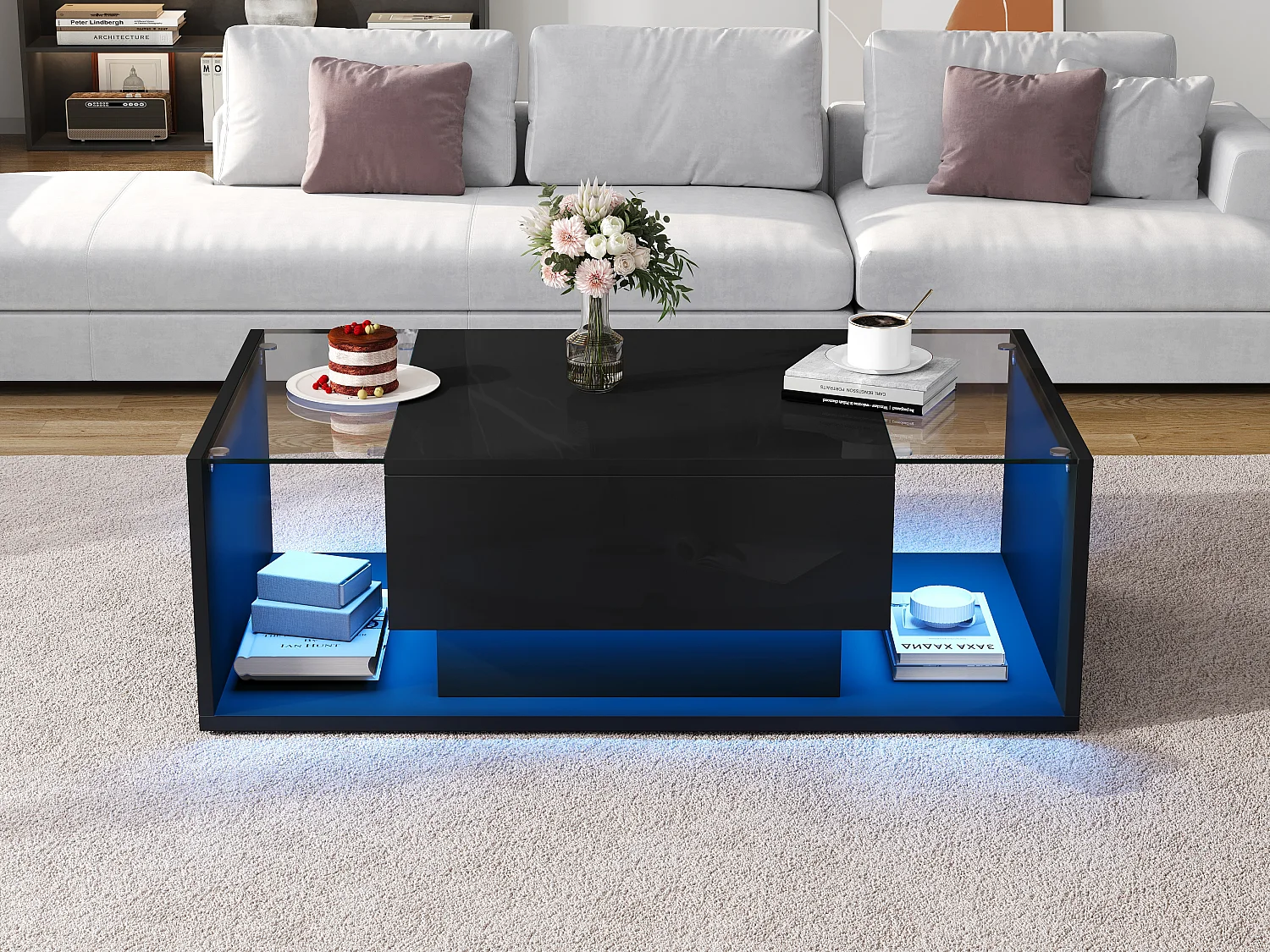 Table basse brillante avec 1 tiroir et Leds - 100 x 50 x 31 cm - table d'appoint en verre trempé - aggloméré - noir