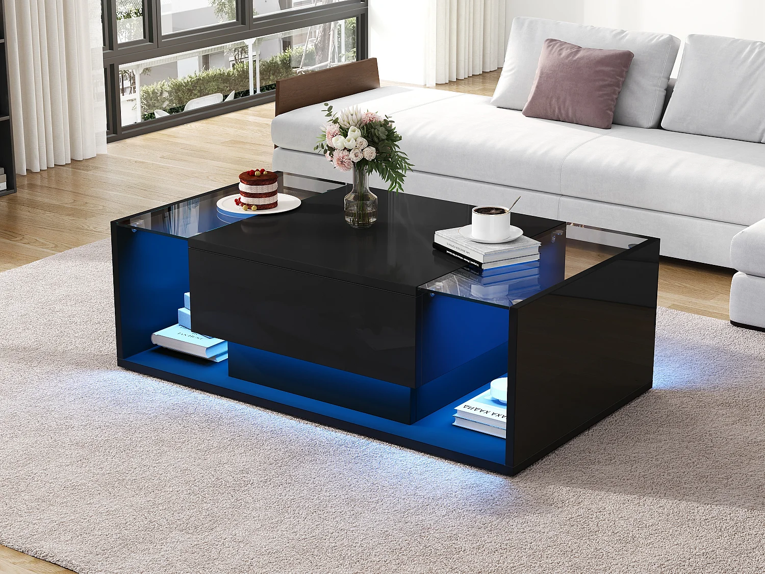 Table basse brillante avec 1 tiroir et Leds - 100 x 50 x 31 cm - table d'appoint en verre trempé - aggloméré - noir