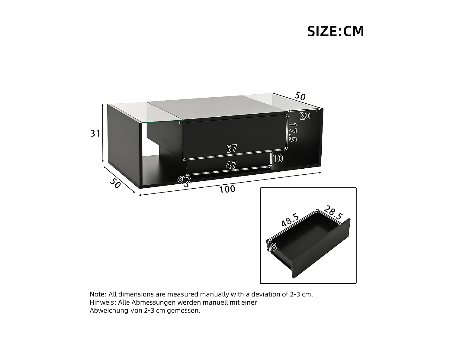 Table basse brillante avec 1 tiroir et Leds - 100 x 50 x 31 cm - table d'appoint en verre trempé - aggloméré - noir