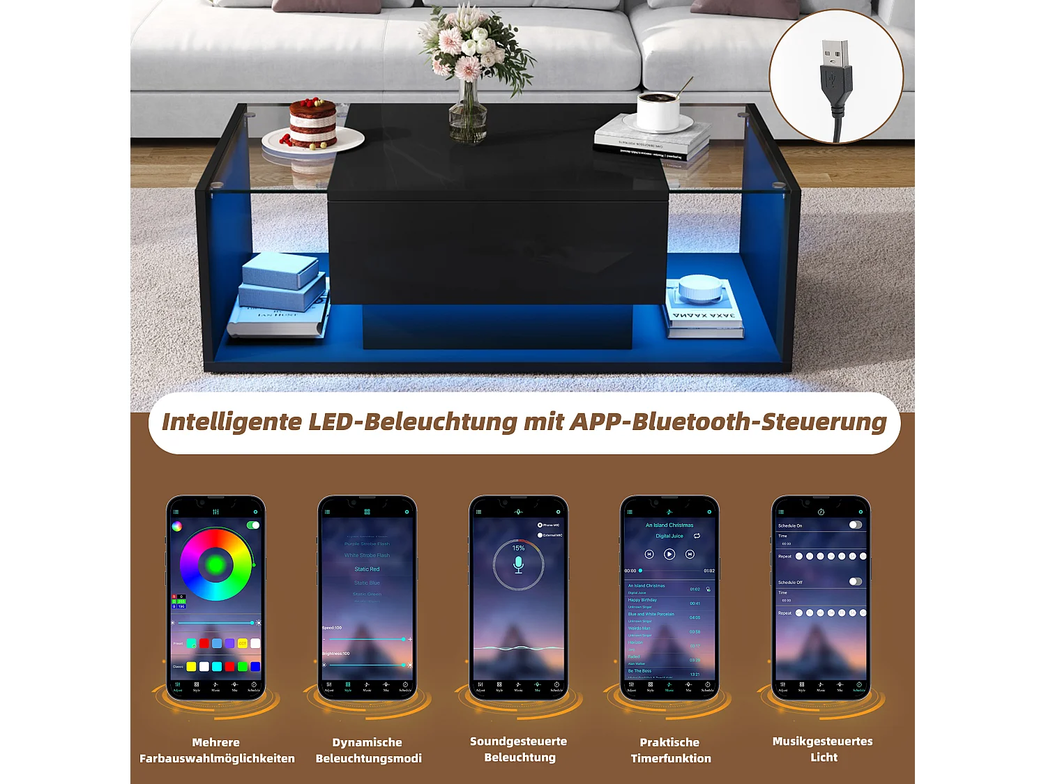 Table basse brillante avec 1 tiroir et Leds - 100 x 50 x 31 cm - table d'appoint en verre trempé - aggloméré - noir