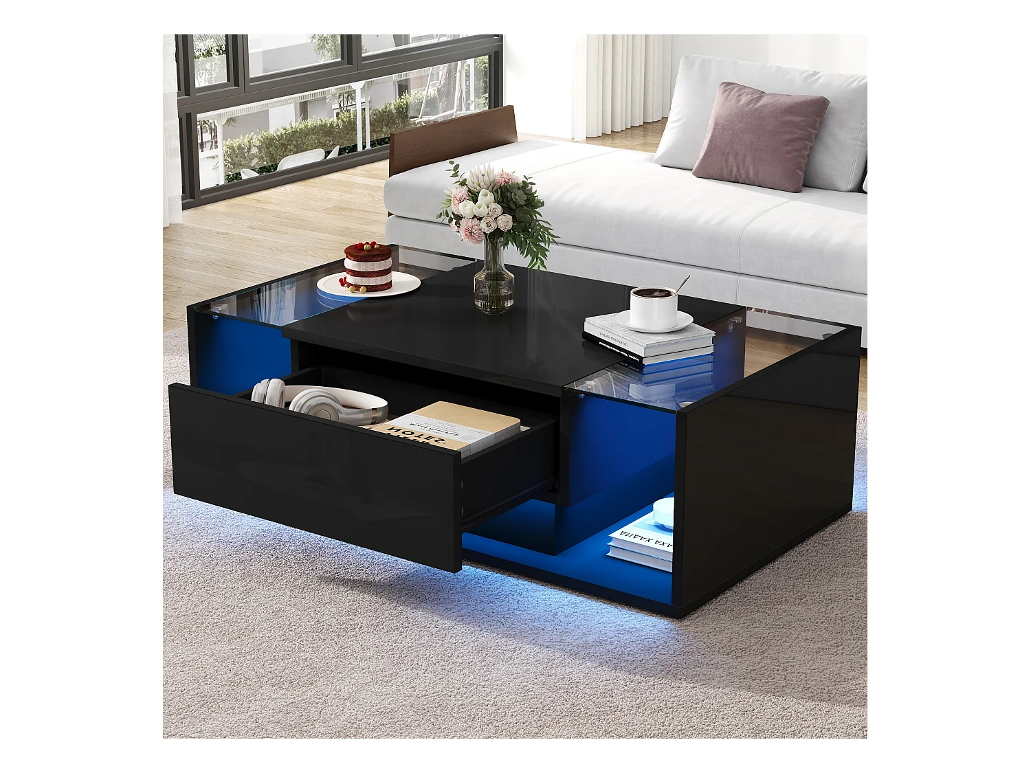 Table basse brillante avec 1 tiroir et Leds - 100 x 50 x 31 cm - table d'appoint en verre trempé - aggloméré - noir