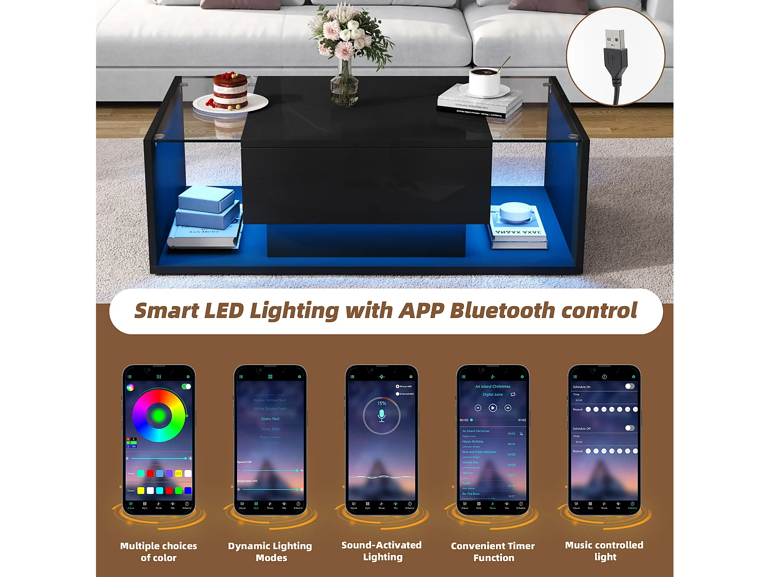 Table basse brillante avec 1 tiroir et Leds - 100 x 50 x 31 cm - table d'appoint en verre trempé - aggloméré - noir