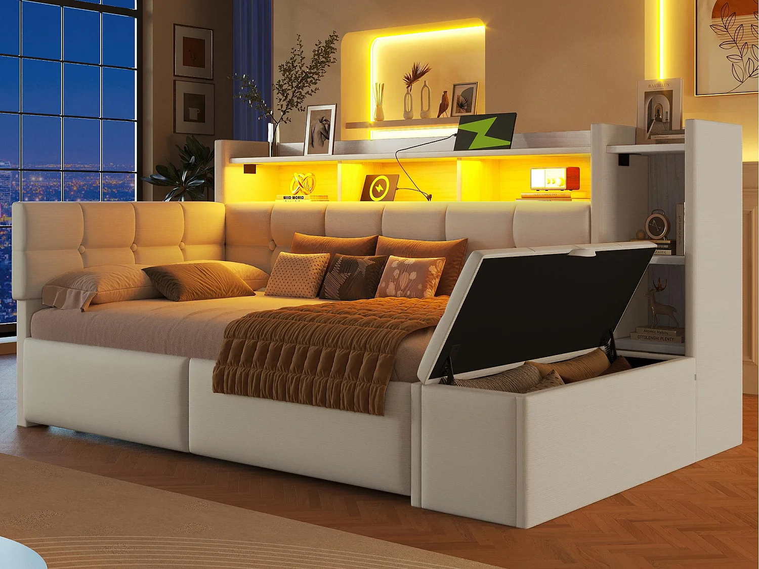 Canapé-lit coffre 90x200 ou 180x200cm - équipé d'une prise électrique - multiples compartiments de rangement - avec éclairage LED - naturel | Leroy Merlin Canapé-lit coffre 90x200 ou 180x200cm - équipé d'une prise électrique - multiples compartiments de rangement - avec éclairage LED - naturel | Leroy Merlin