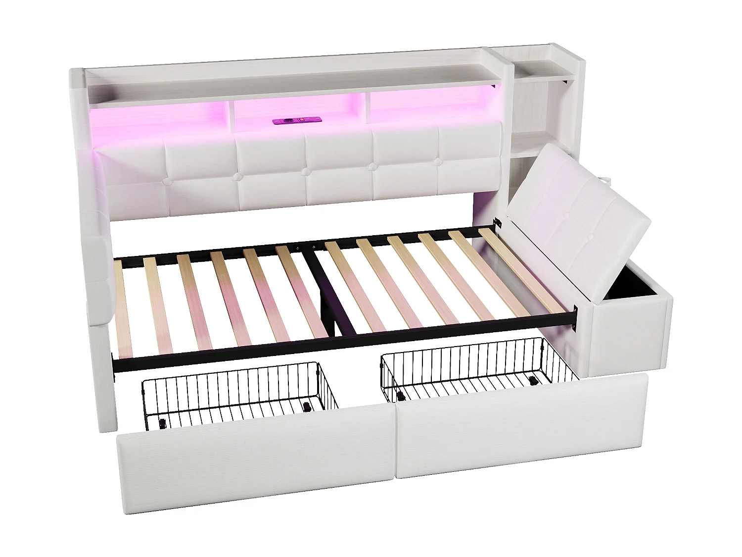 Sofa rozkładana 90x190 cm - z 2 szufladami - z portami USB + Type-C - z przegrodami przechowawczymi - z LED - biały