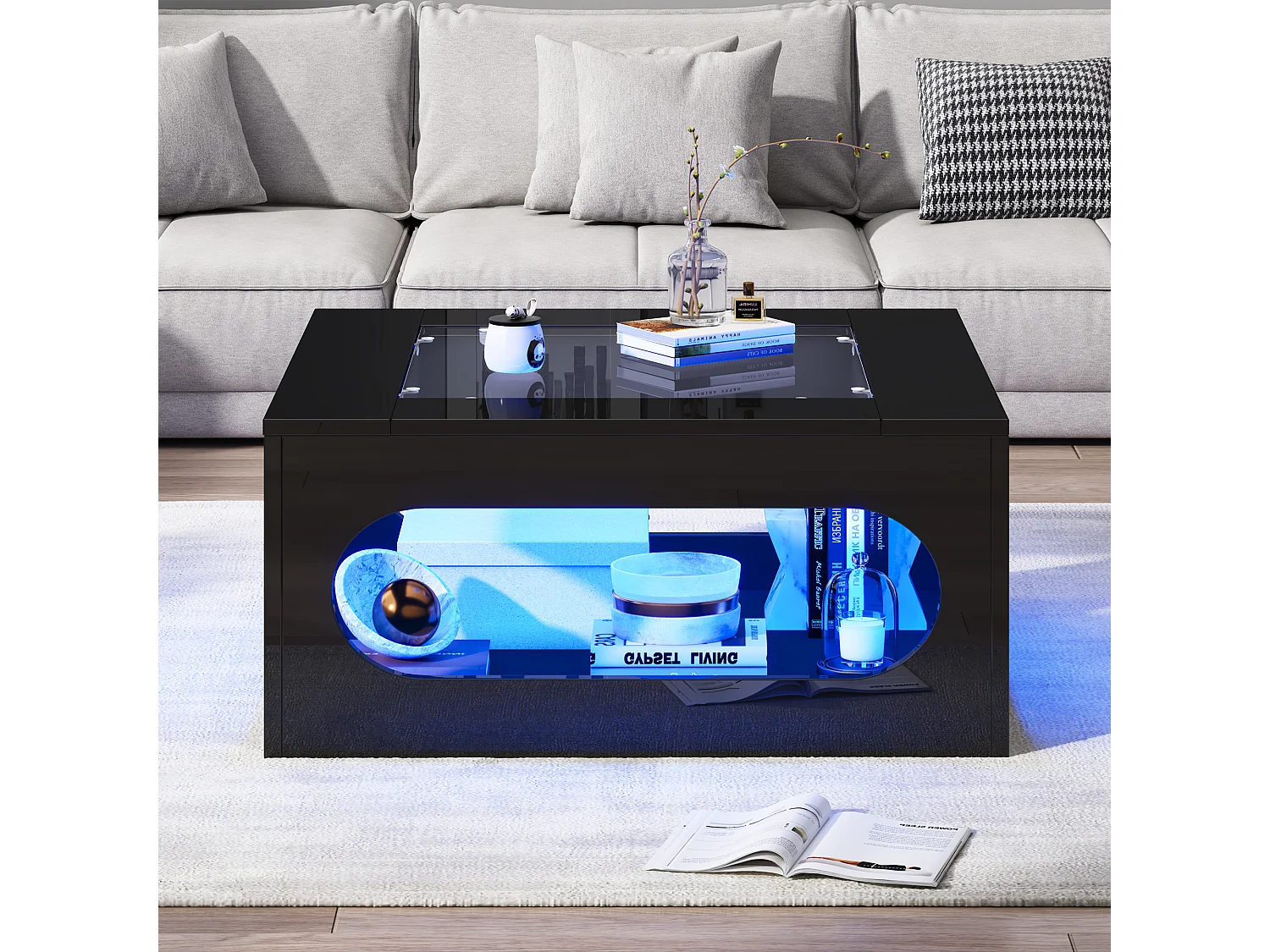 Table de salon brillante avec plateau en verre trempé + Leds - 70 x 70 x 35 cm - MDF - noir