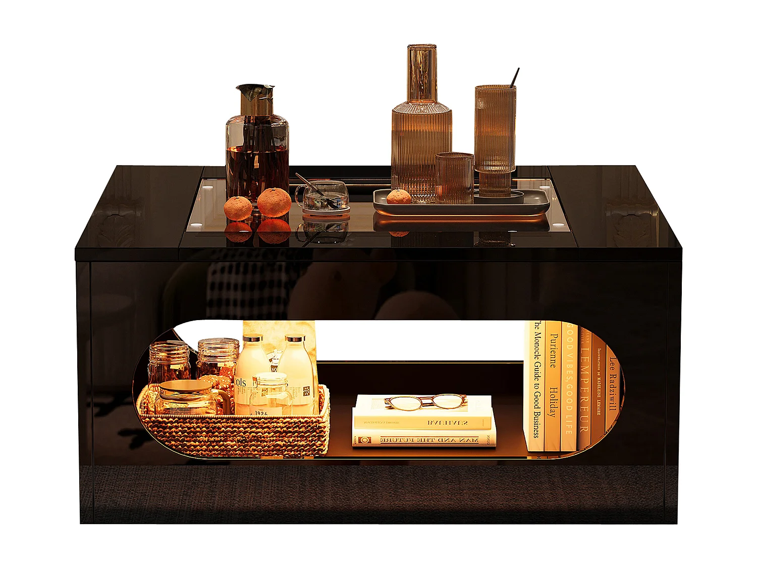 Table de salon brillante avec plateau en verre trempé + Leds - 70 x 70 x 35 cm - MDF - noir