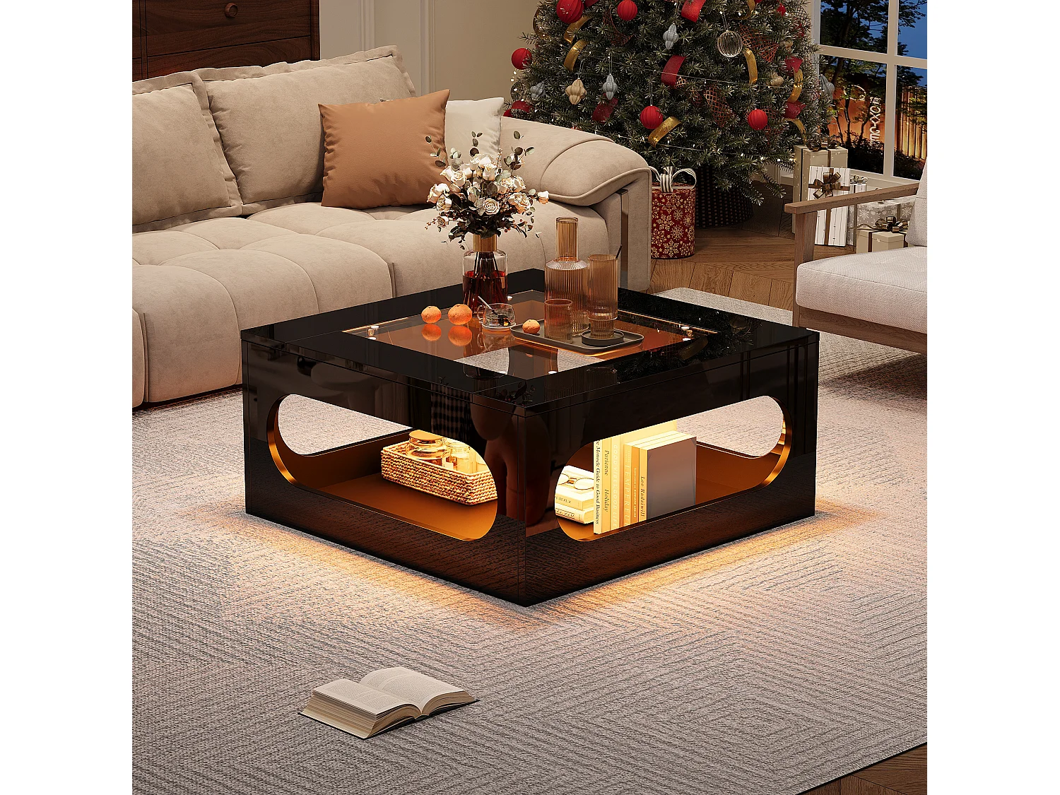 Table de salon brillante avec plateau en verre trempé + Leds - 70 x 70 x 35 cm - MDF - noir