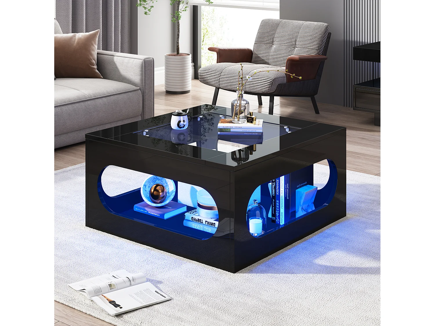 Table de salon brillante avec plateau en verre trempé + Leds - 70 x 70 x 35 cm - MDF - noir