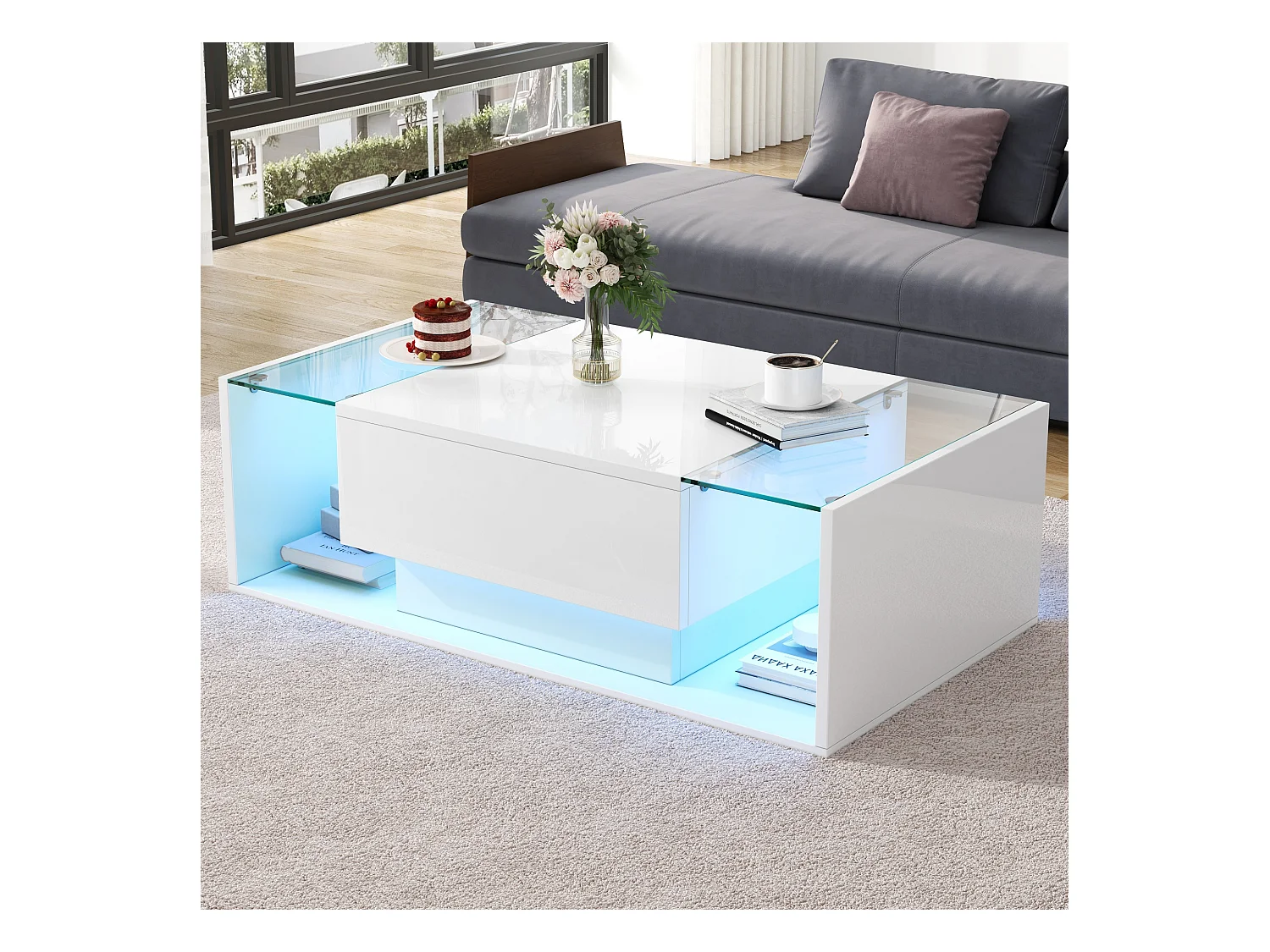 Table basse brillante avec 1 tiroir et Leds - 100 x 50 x 31 cm - table d'appoint en verre trempé - aggloméré - blanc