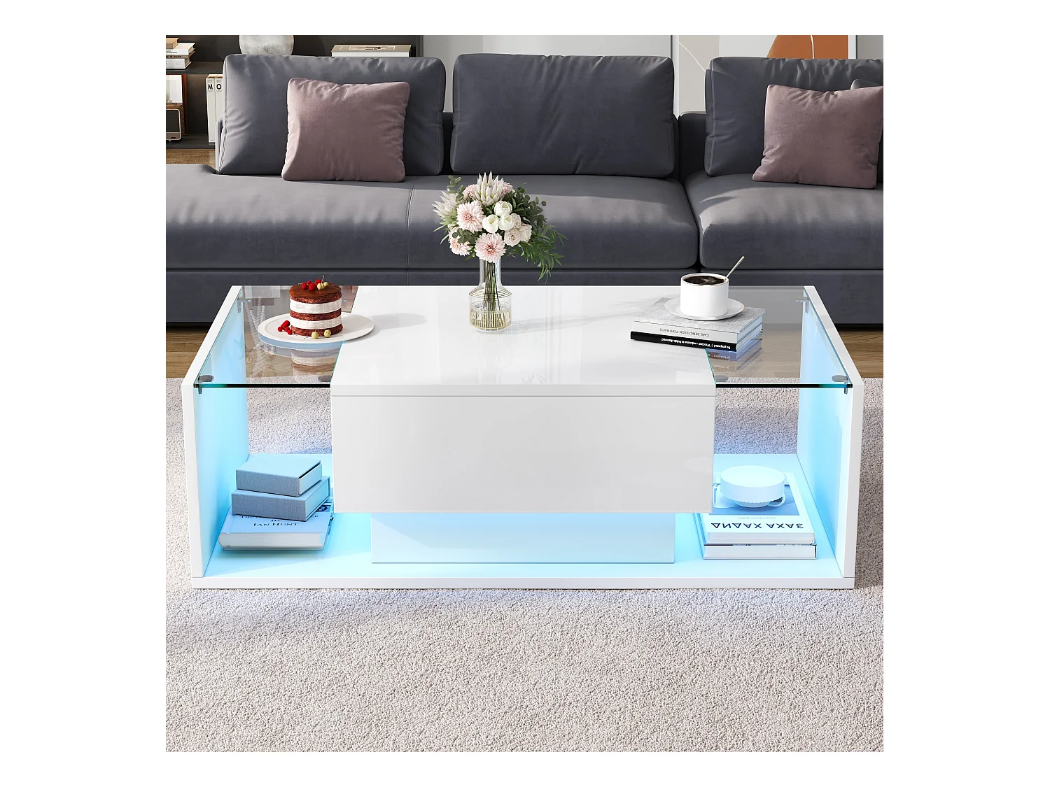 Table basse brillante avec 1 tiroir et Leds - 100 x 50 x 31 cm - table d'appoint en verre trempé - aggloméré - blanc