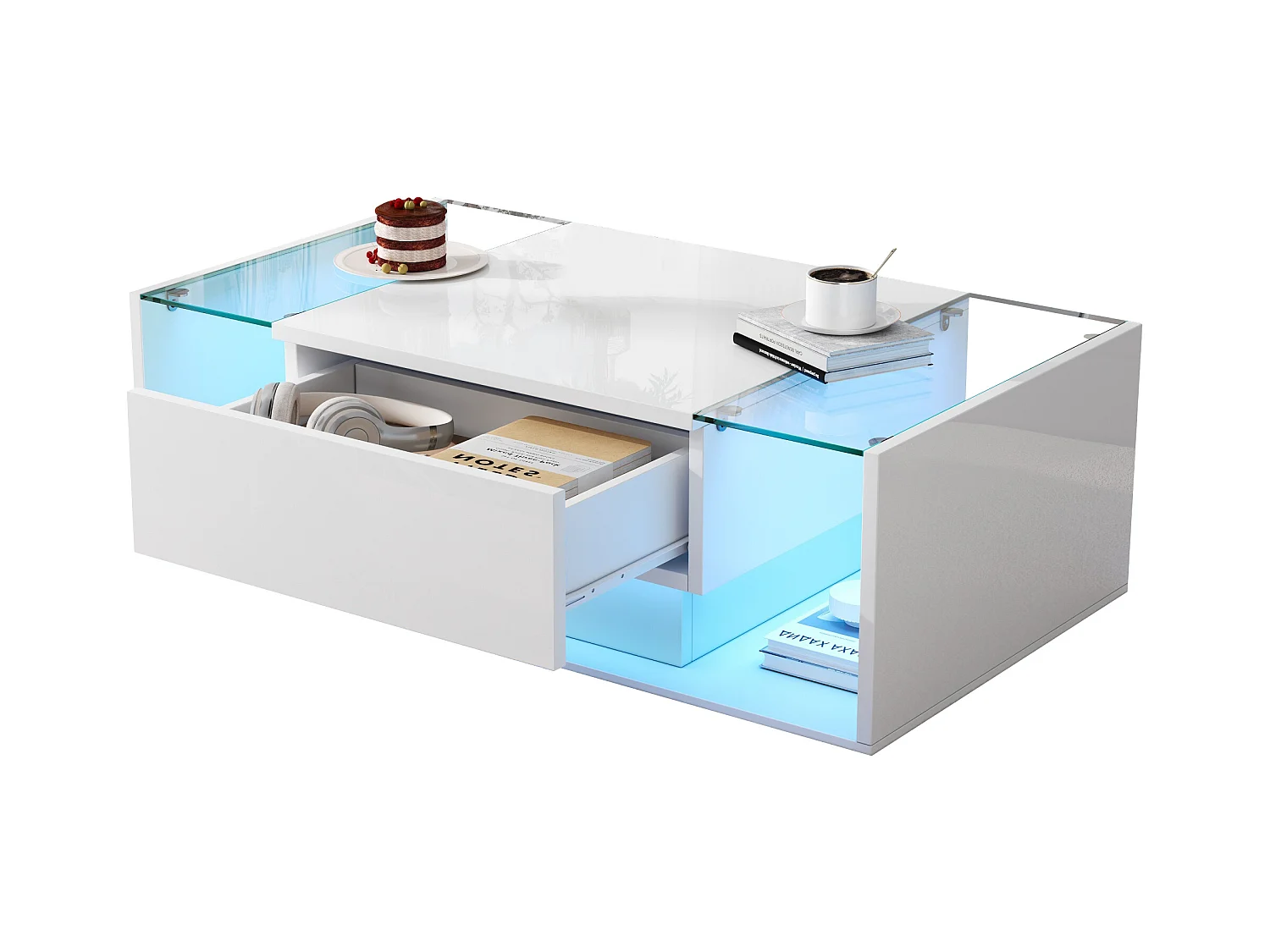 Table basse brillante avec 1 tiroir et Leds - 100 x 50 x 31 cm - table d'appoint en verre trempé - aggloméré - blanc