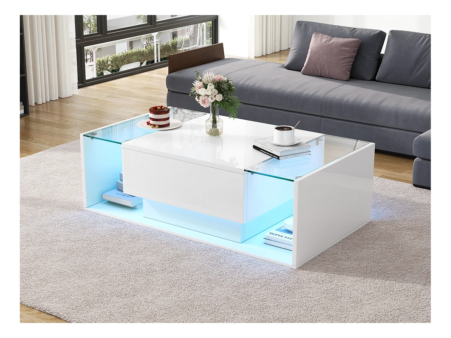 Table basse brillante avec 1 tiroir et Leds - 100 x 50 x 31 cm - table d'appoint en verre trempé - aggloméré - blanc