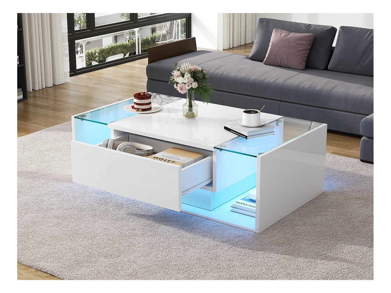 Table basse brillante avec 1 tiroir et Leds - 100 x 50 x 31 cm - table d'appoint en verre trempé - aggloméré - blanc