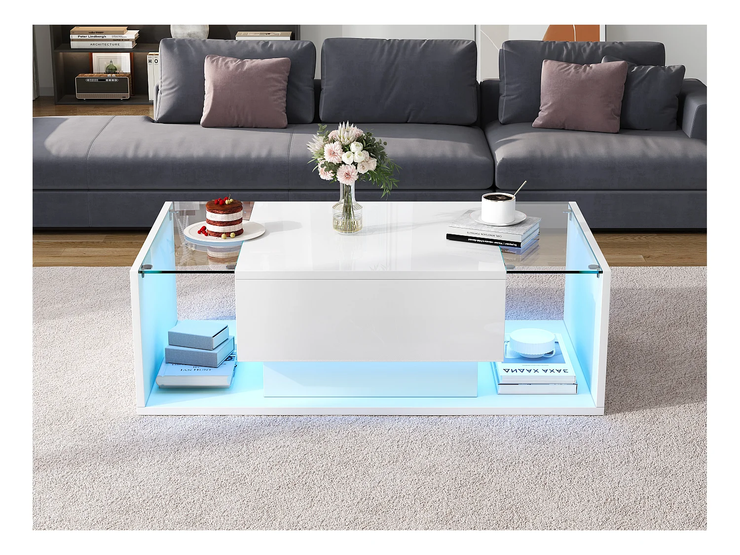 Table basse brillante avec 1 tiroir et Leds - 100 x 50 x 31 cm - table d'appoint en verre trempé - aggloméré - blanc