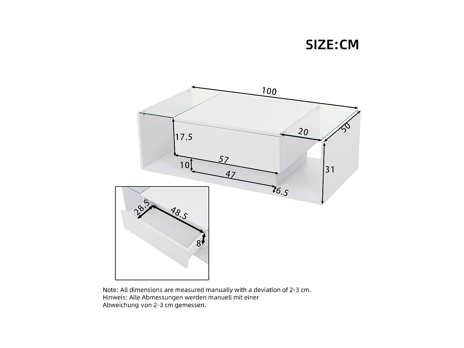 Table basse brillante avec 1 tiroir et Leds - 100 x 50 x 31 cm - table d'appoint en verre trempé - aggloméré - blanc