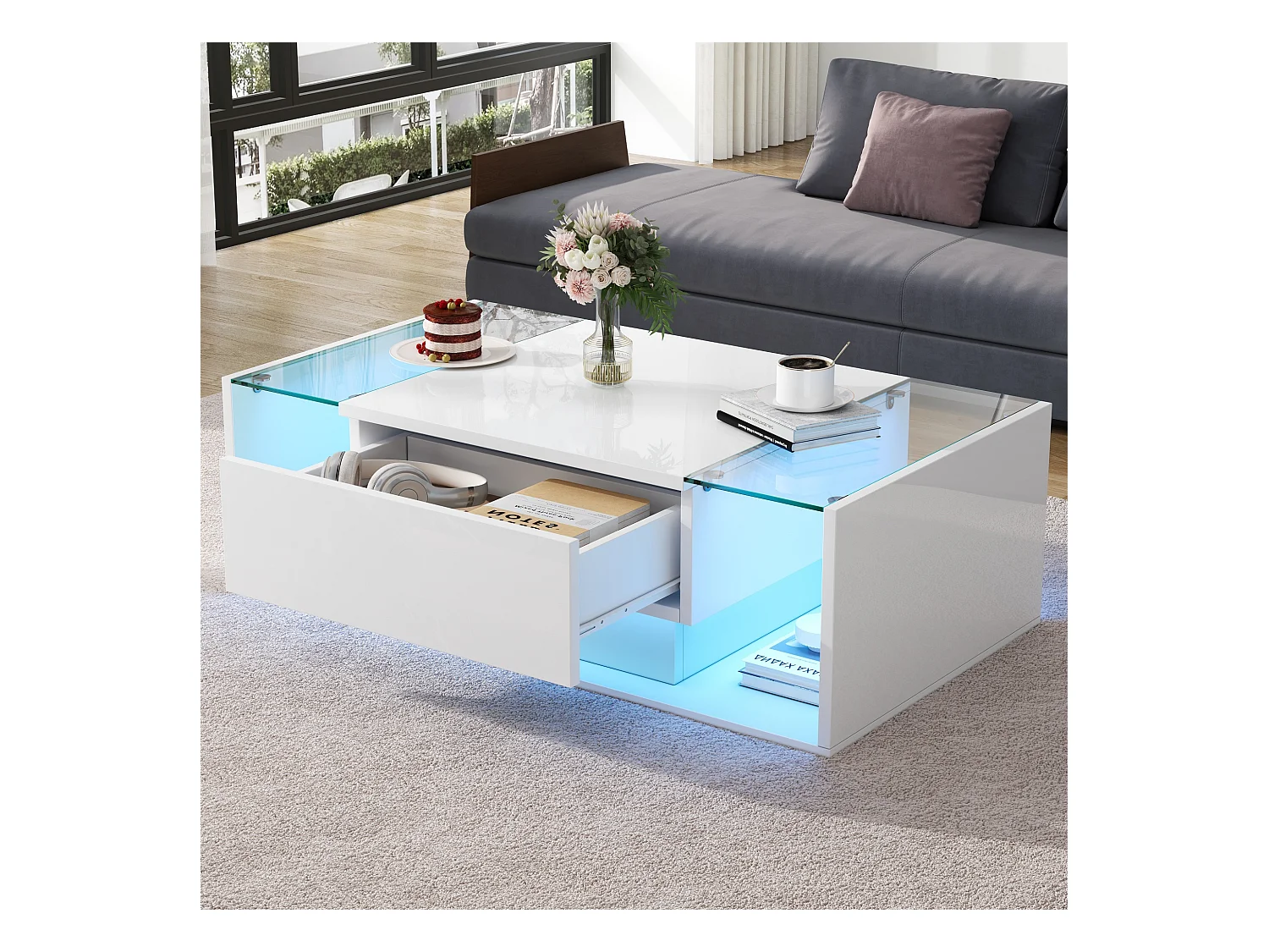 Table basse brillante avec 1 tiroir et Leds - 100 x 50 x 31 cm - table d'appoint en verre trempé - aggloméré - blanc