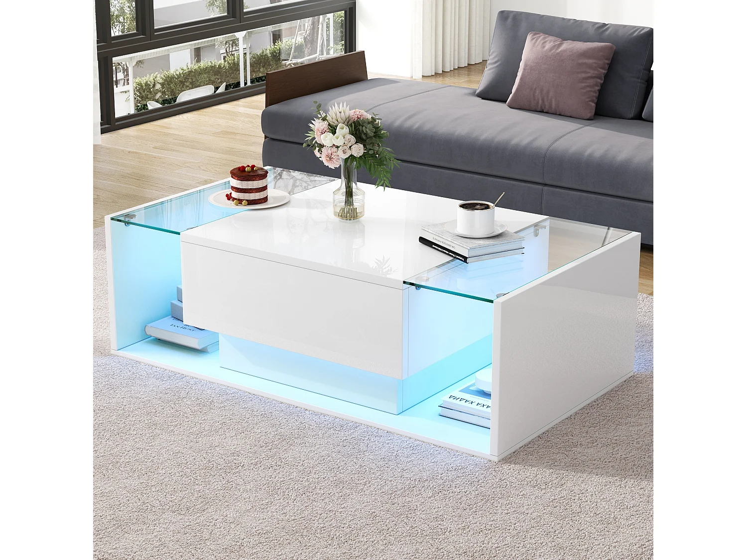 Table basse brillante avec 1 tiroir et Leds - 100 x 50 x 31 cm - table d'appoint en verre trempé - aggloméré - blanc