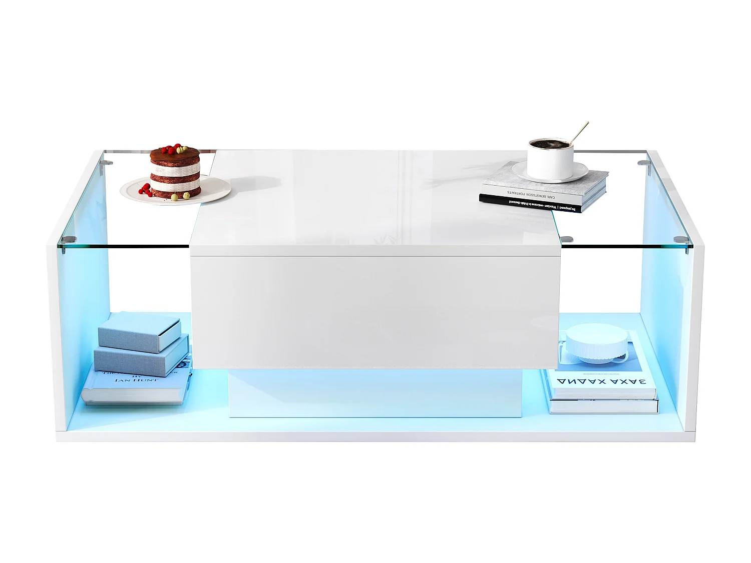 Table basse brillante avec 1 tiroir et Leds - 100 x 50 x 31 cm - table d'appoint en verre trempé - aggloméré - blanc