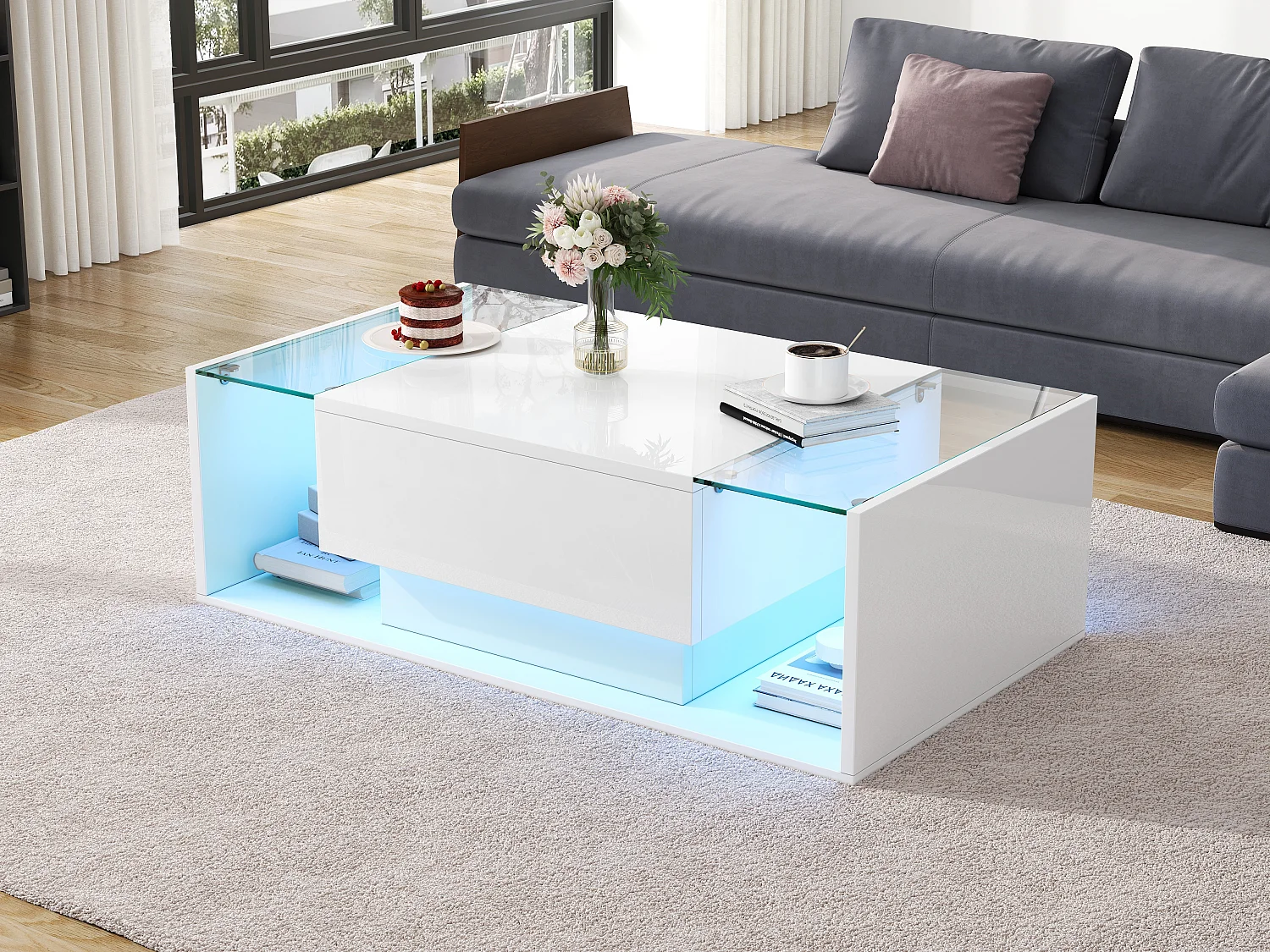 Table basse brillante avec 1 tiroir et Leds - 100 x 50 x 31 cm - table d'appoint en verre trempé - aggloméré - blanc
