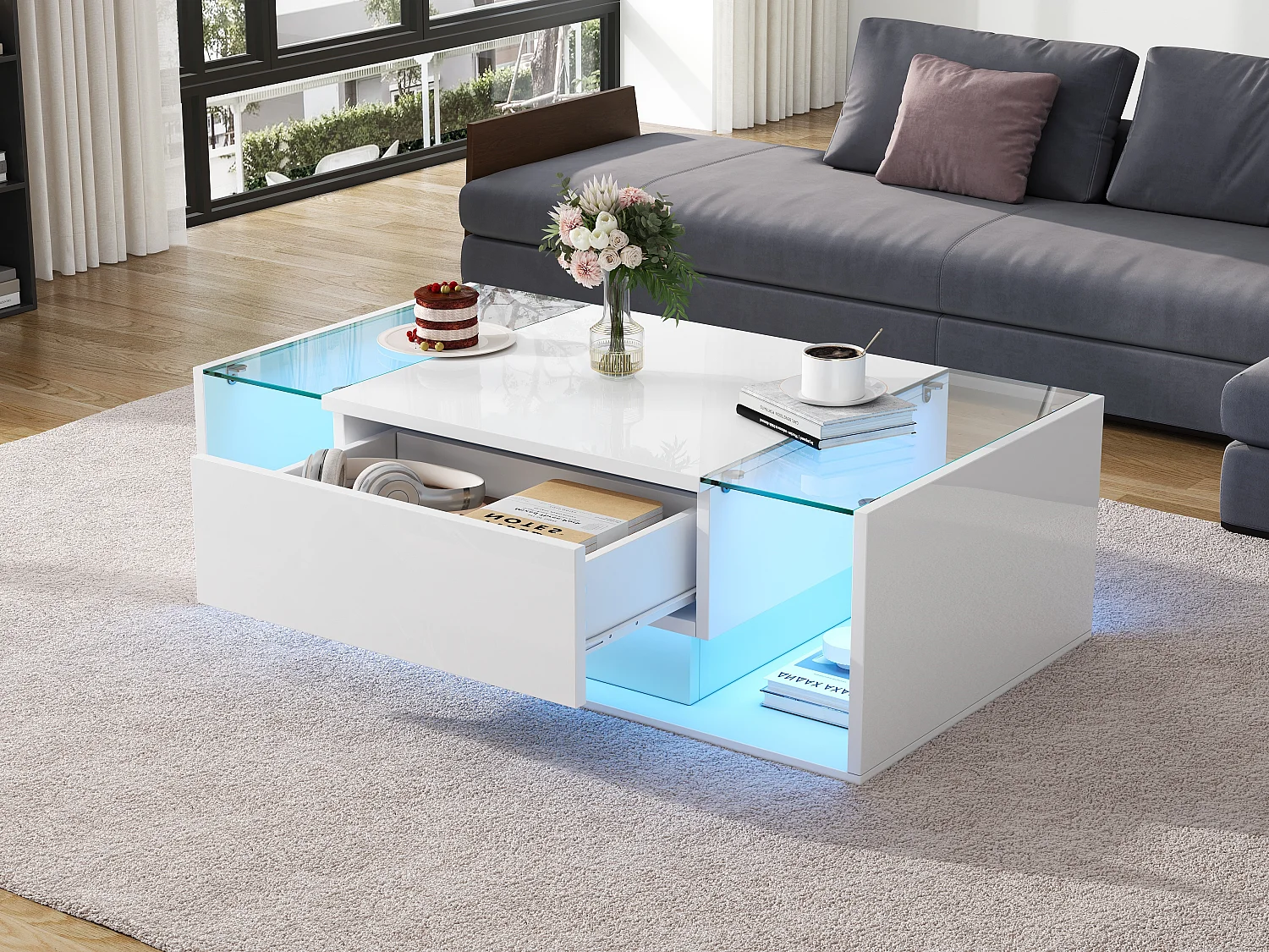 Table basse brillante avec 1 tiroir et Leds - 100 x 50 x 31 cm - table d'appoint en verre trempé - aggloméré - blanc