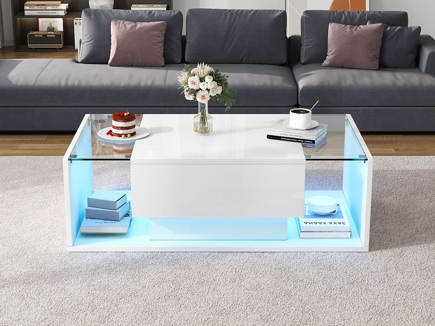Table basse brillante avec 1 tiroir et Leds - 100 x 50 x 31 cm - table d'appoint en verre trempé - aggloméré - blanc