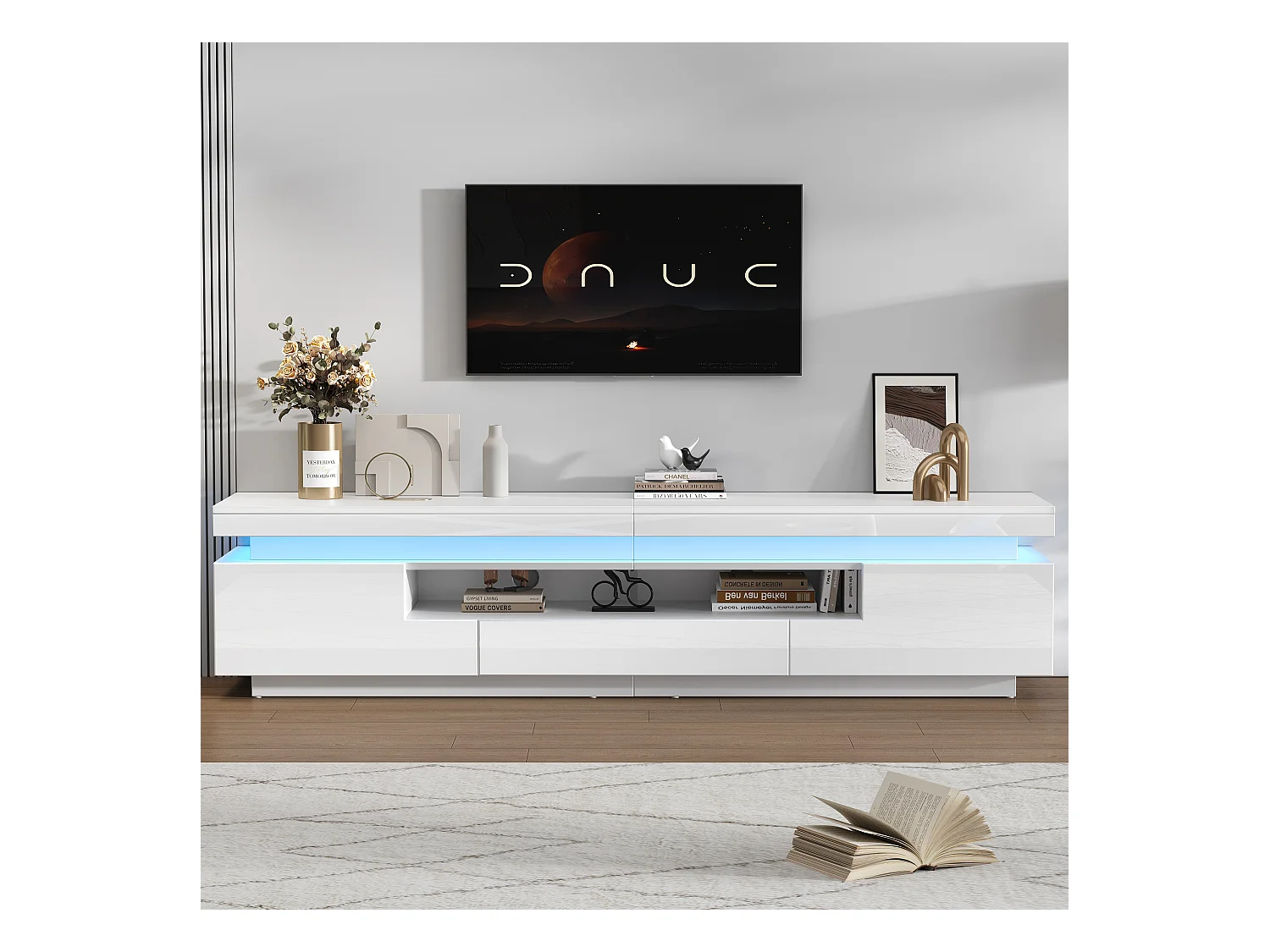 Meuble TV de salon avec 2 portes + 1 tiroir + Leds - 175 x 38 x 45 cm - aggloméré - blanc