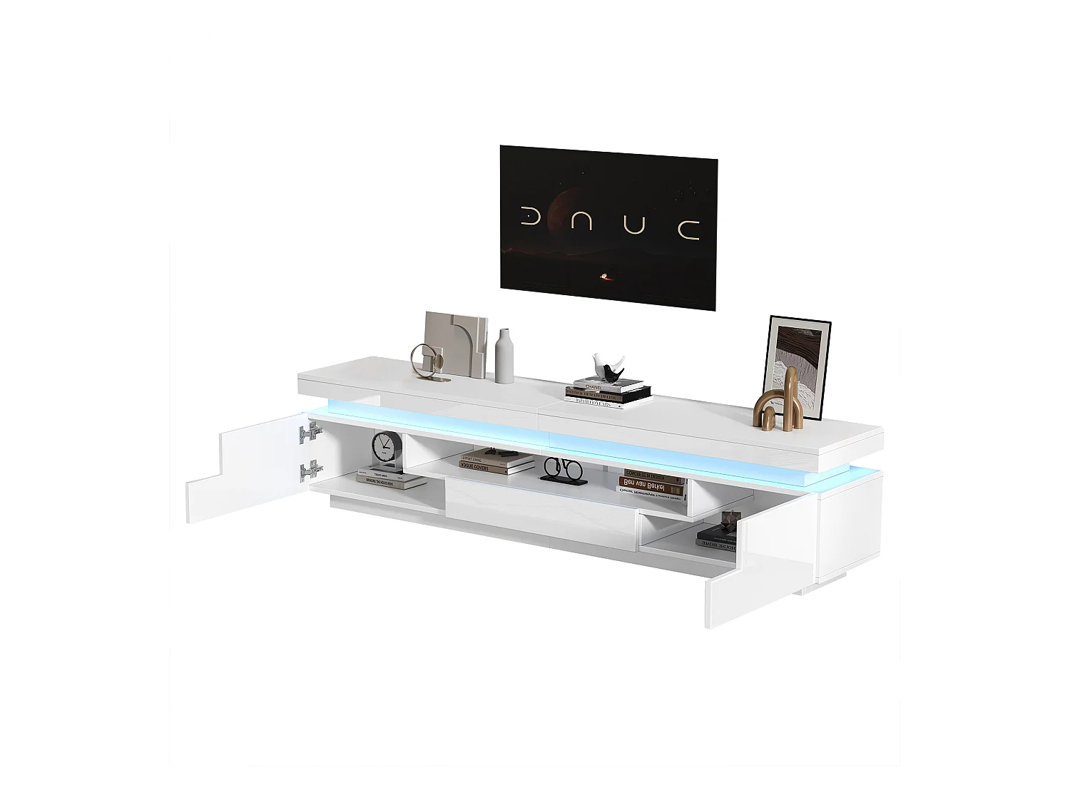 Meuble TV de salon avec 2 portes + 1 tiroir + Leds - 175 x 38 x 45 cm - aggloméré - blanc