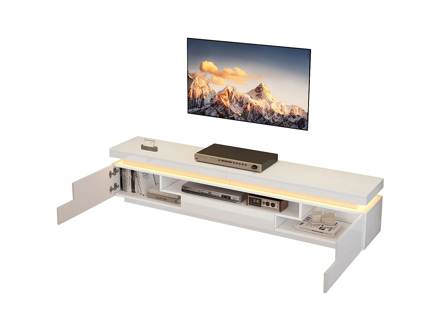 Meuble TV de salon avec 2 portes + 1 tiroir + Leds - 175 x 38 x 45 cm - aggloméré - blanc