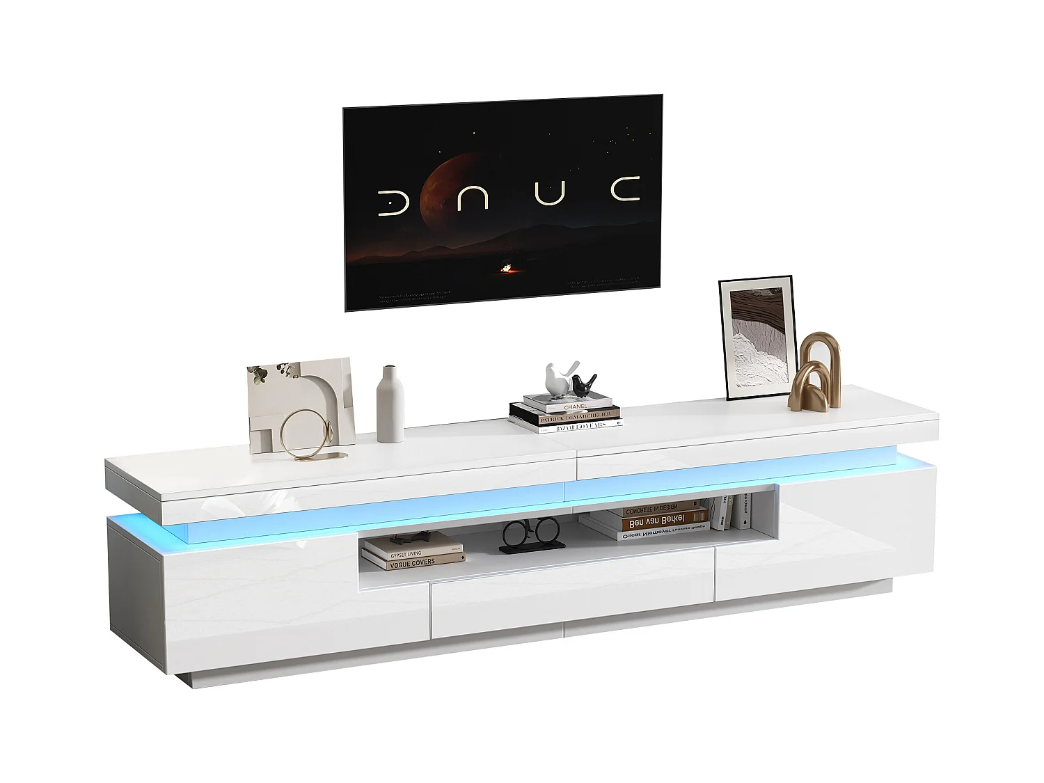 Meuble TV de salon avec 2 portes + 1 tiroir + Leds - 175 x 38 x 45 cm - aggloméré - blanc