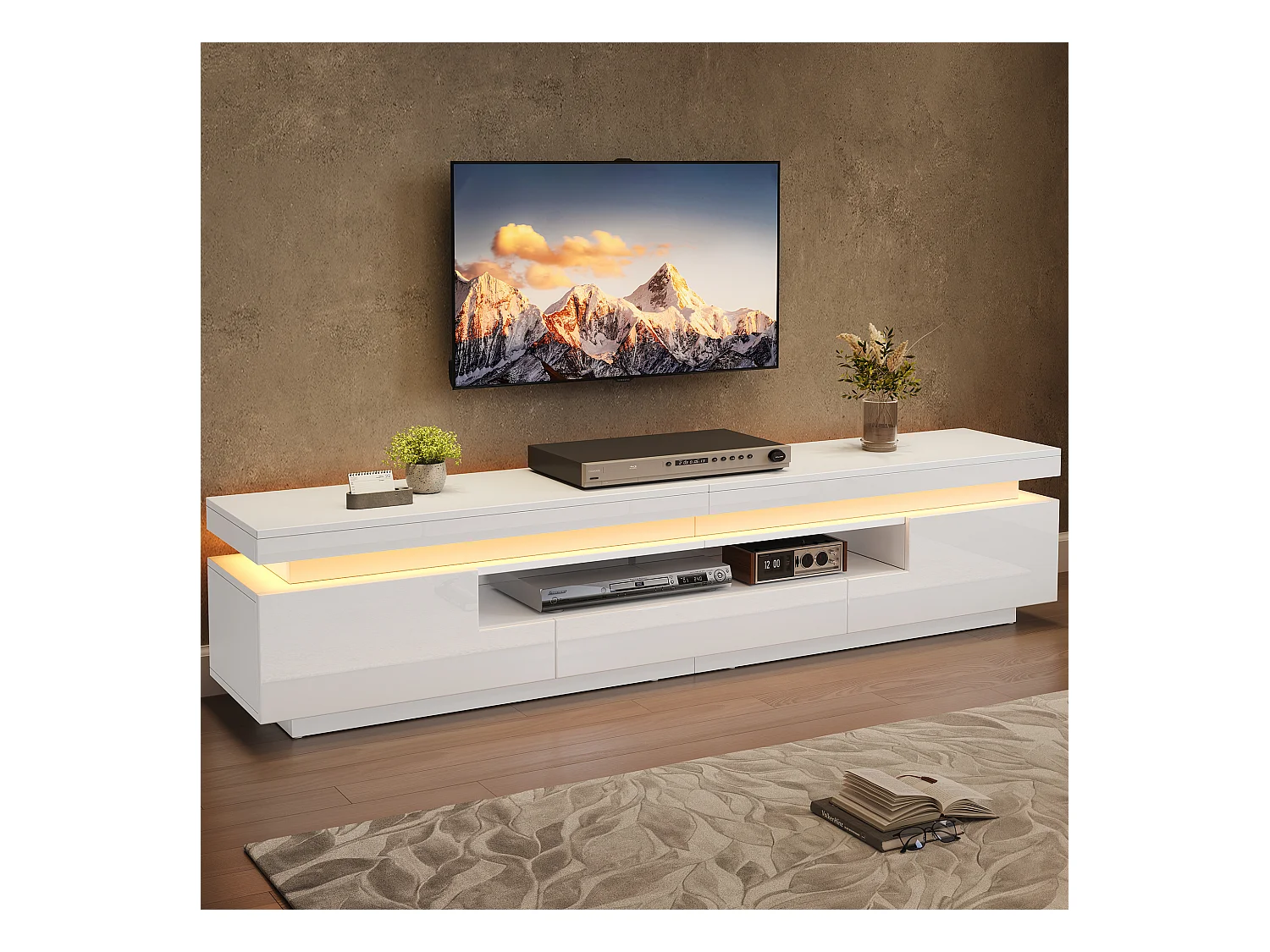 Meuble TV de salon avec 2 portes + 1 tiroir + Leds - 175 x 38 x 45 cm - aggloméré - blanc