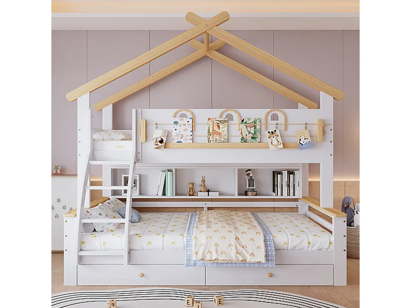 Lit superposés enfant90 x 200 cm + 120 x 200 cm - avec 2 tiroirs + étagère - design de toit - pin + MDF - blanc + naturel