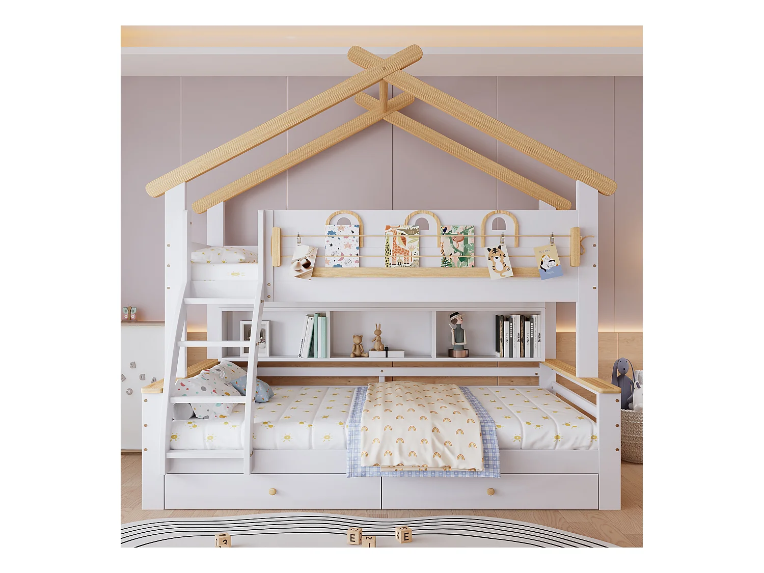 Lit superposés enfant90 x 200 cm + 120 x 200 cm - avec 2 tiroirs + étagère - design de toit - pin + MDF - blanc + naturel