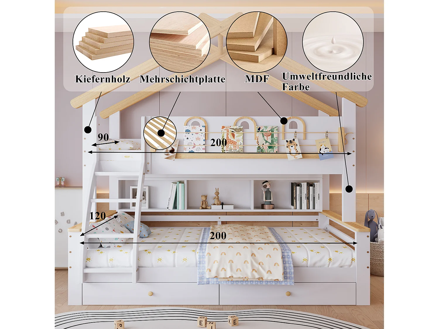 Barnvåningssäng 90 x 200 cm + 120 x 200 cm - med 2 lådor + hyllplan - takdesign - furu + MDF - vit + naturfärgad