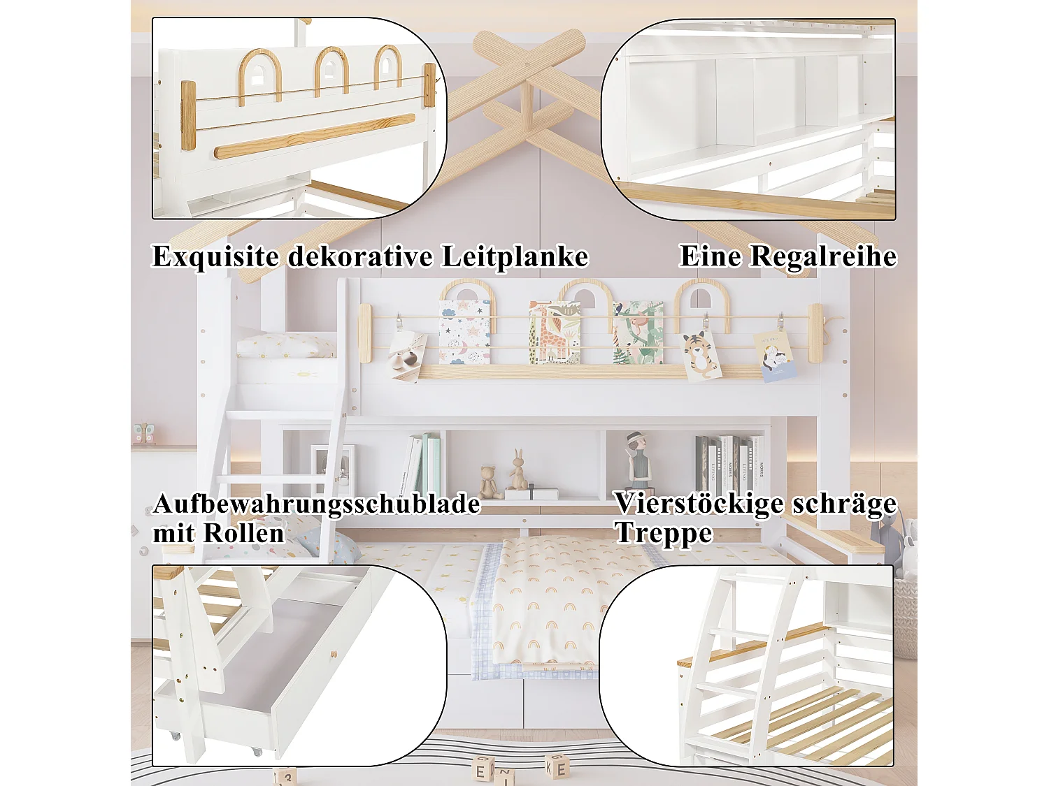 Barnvåningssäng 90 x 200 cm + 120 x 200 cm - med 2 lådor + hyllplan - takdesign - furu + MDF - vit + naturfärgad