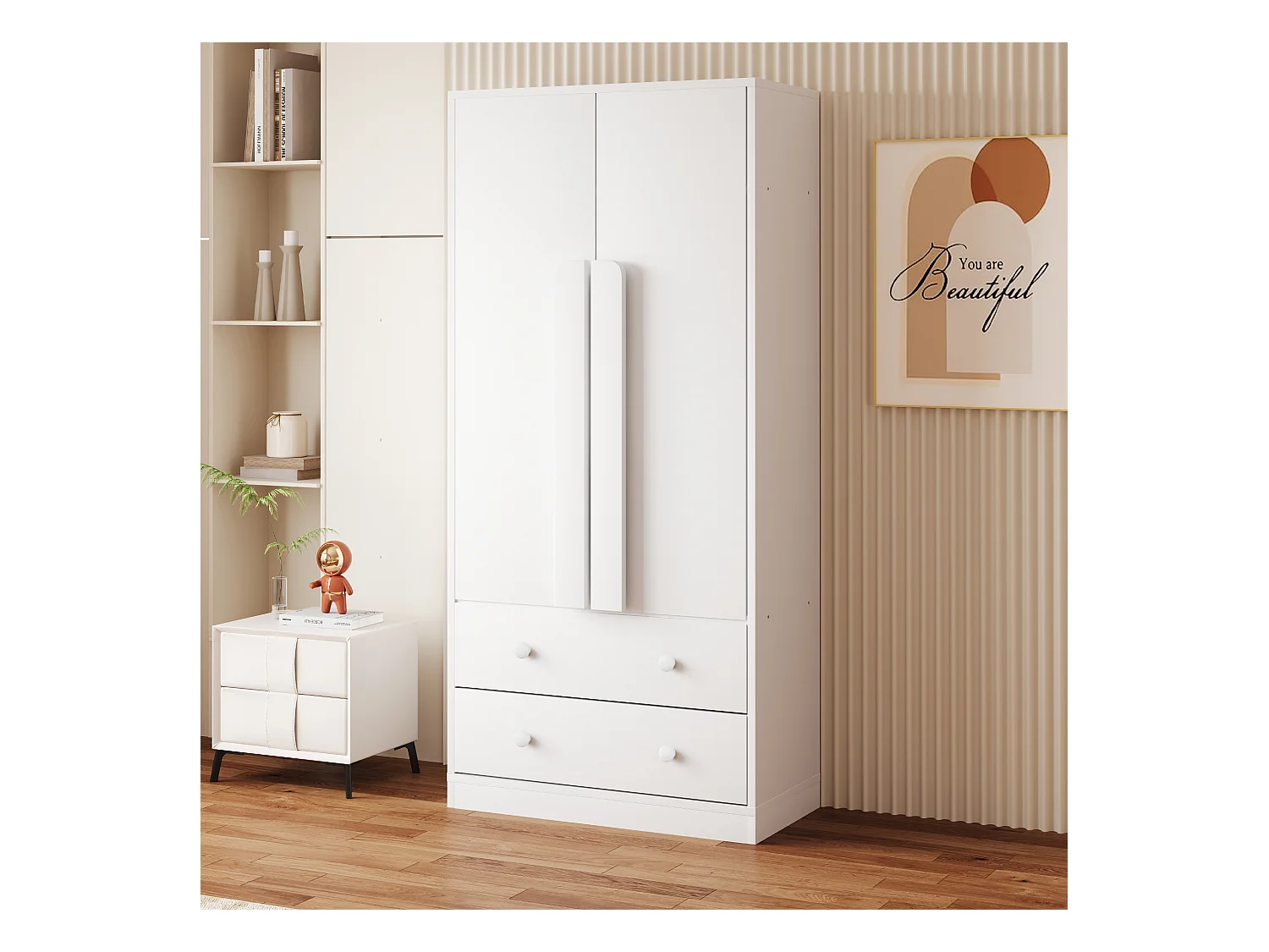 Armoire à 2 portes avec 2 tiroirs - 70 x 40 x 170 cm - bois + contreplaqué + MDF + métal - blanc