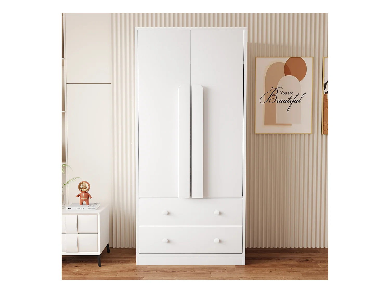 Armoire à 2 portes avec 2 tiroirs - 70 x 40 x 170 cm - bois + contreplaqué + MDF + métal - blanc