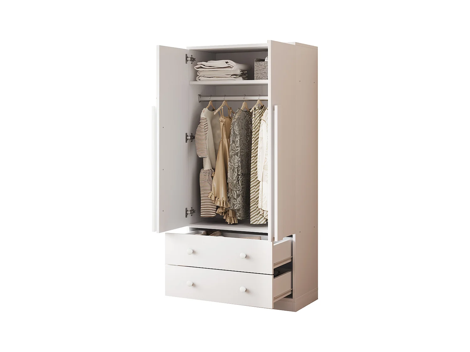 Armoire à 2 portes avec 2 tiroirs - 70 x 40 x 170 cm - bois + contreplaqué + MDF + métal - blanc