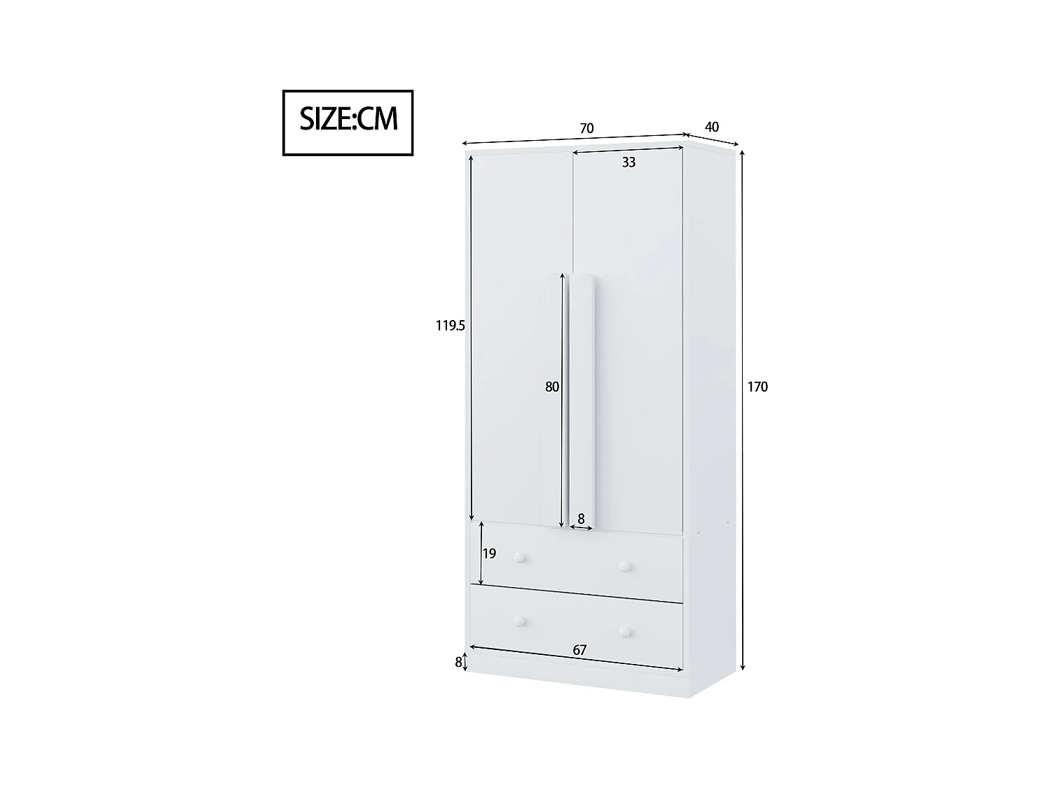 Armoire à 2 portes avec 2 tiroirs - 70 x 40 x 170 cm - bois + contreplaqué + MDF + métal - blanc