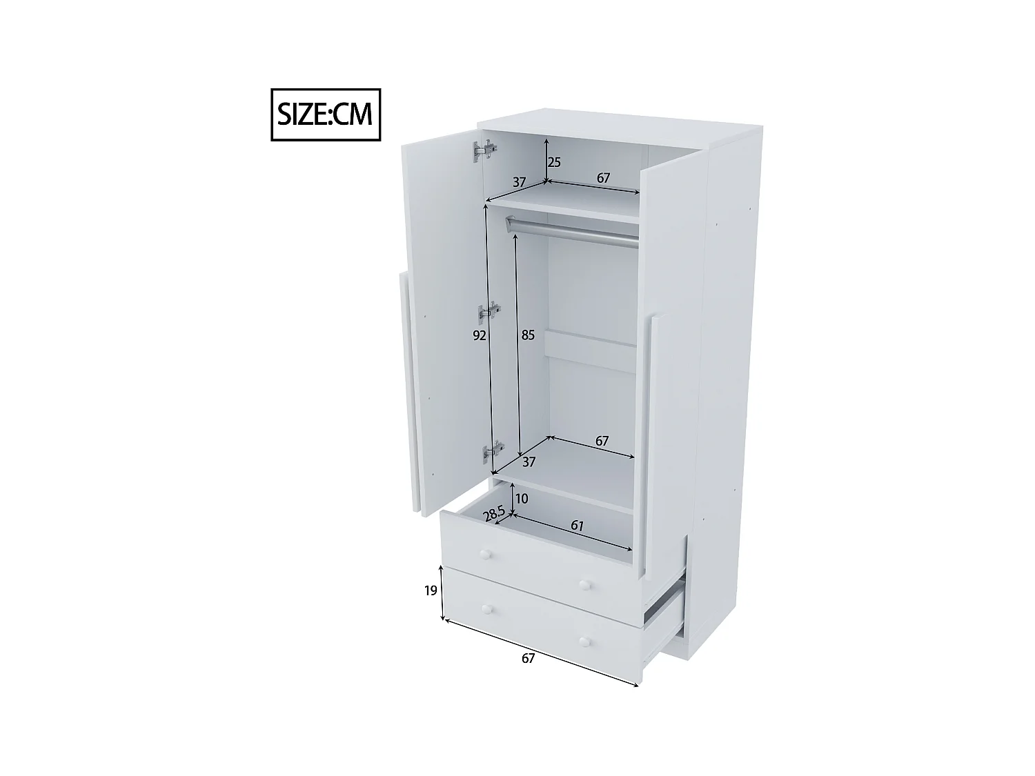 Armoire à 2 portes avec 2 tiroirs - 70 x 40 x 170 cm - bois + contreplaqué + MDF + métal - blanc