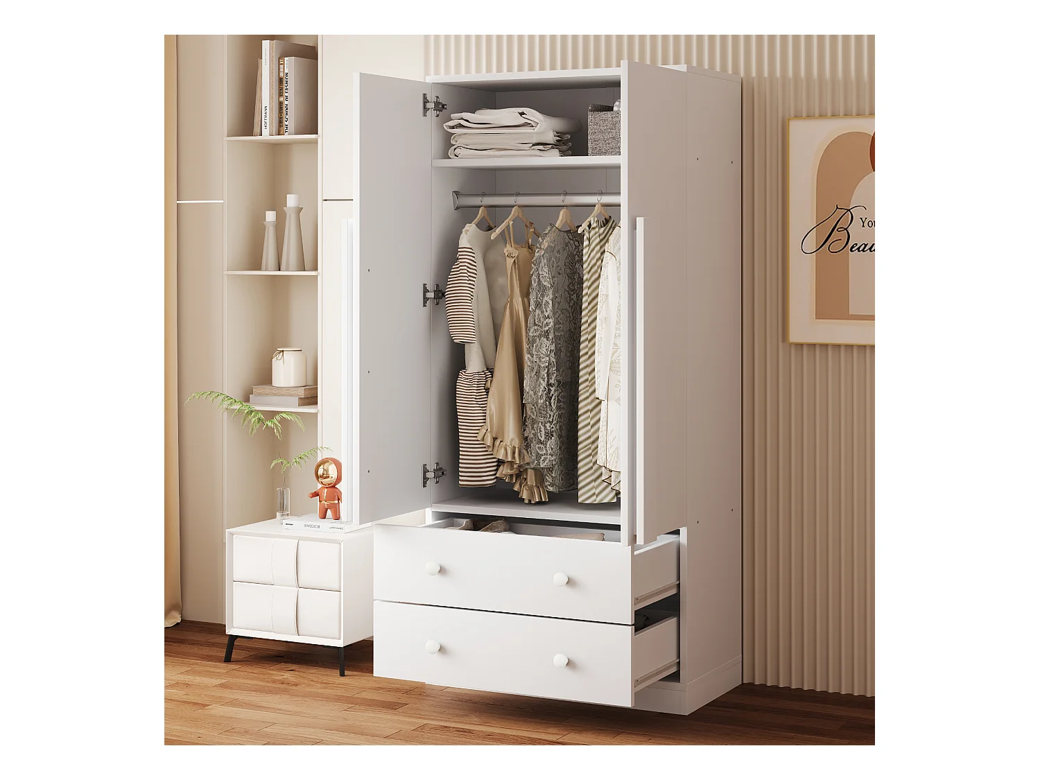 Armoire à 2 portes avec 2 tiroirs - 70 x 40 x 170 cm - bois + contreplaqué + MDF + métal - blanc
