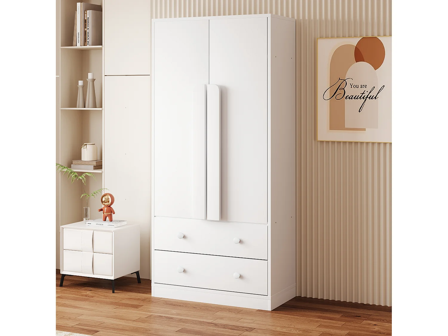 Armoire à 2 portes avec 2 tiroirs - 70 x 40 x 170 cm - bois + contreplaqué + MDF + métal - blanc