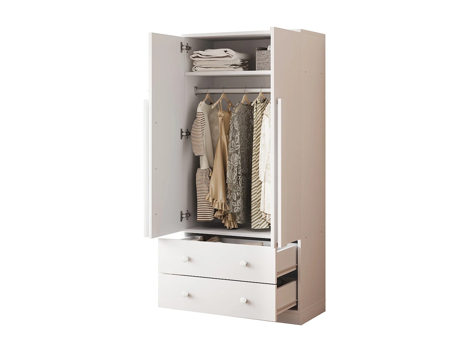 Armoire à 2 portes avec 2 tiroirs - 70 x 40 x 170 cm - bois + contreplaqué + MDF + métal - blanc