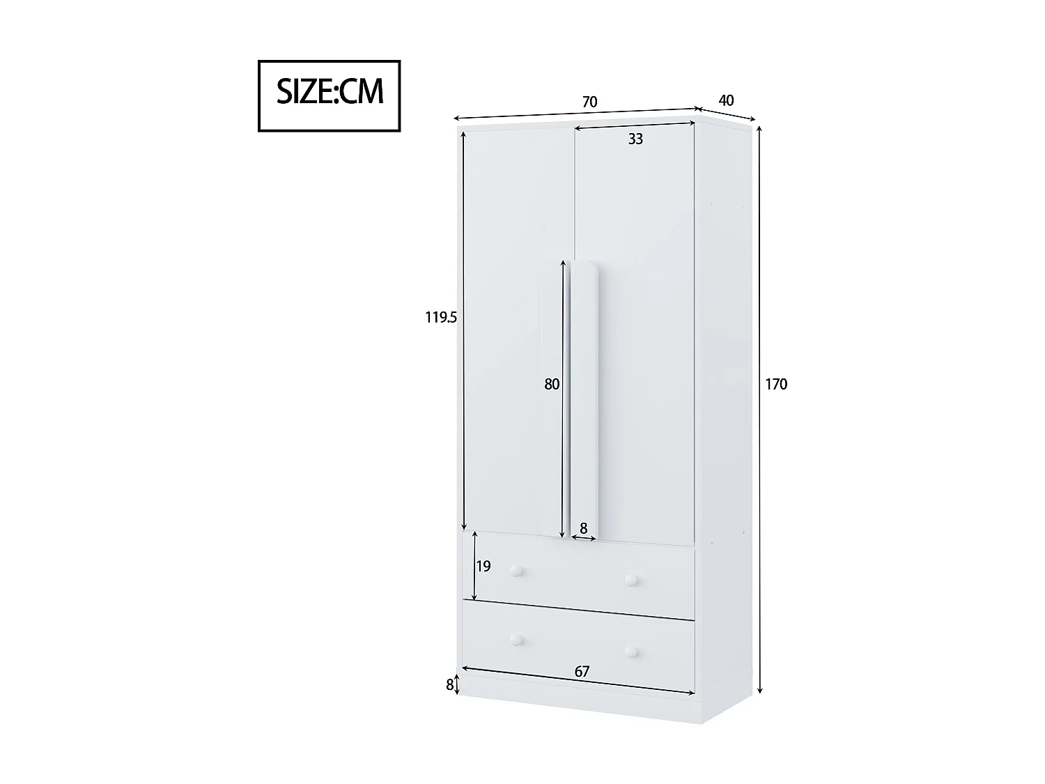 Armoire à 2 portes avec 2 tiroirs - 70 x 40 x 170 cm - bois + contreplaqué + MDF + métal - blanc