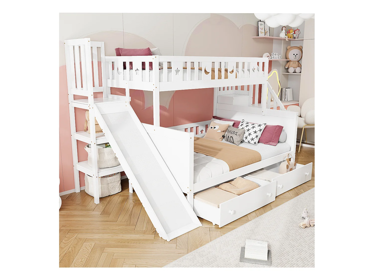 Lit superposés enfant90 x 200 cm + 140 x 200 cm - avec toboggan + escalier de rangement + 2 tiroirs - bois - blanc
