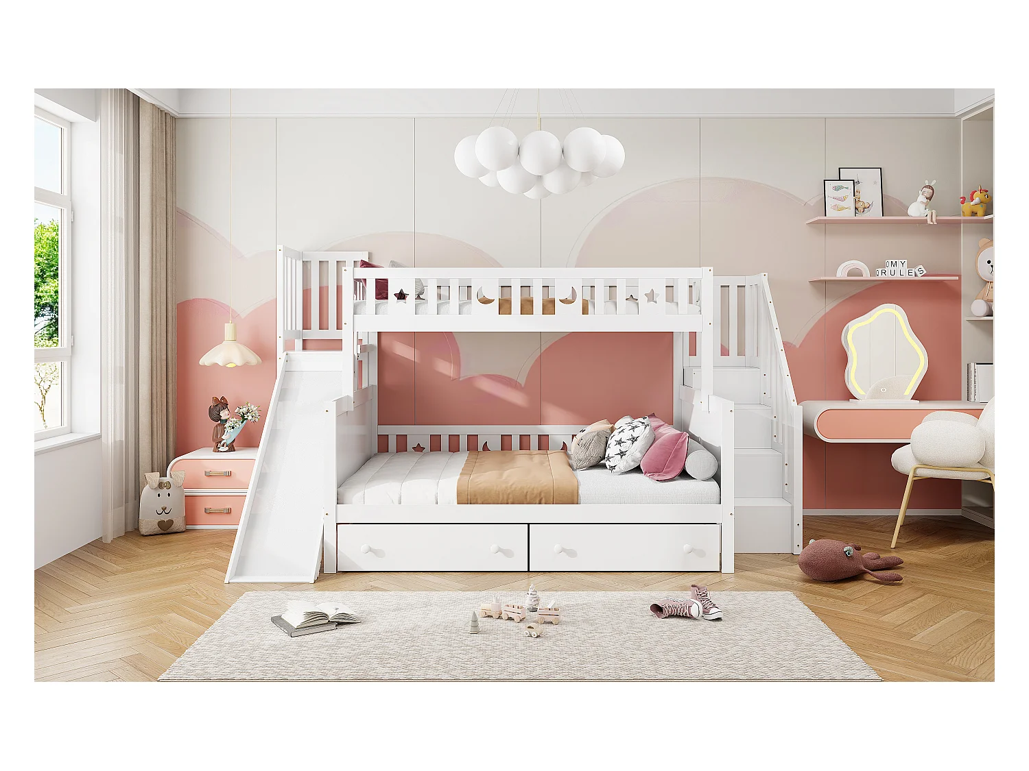 Lit superposés enfant90 x 200 cm + 140 x 200 cm - avec toboggan + escalier de rangement + 2 tiroirs - bois - blanc