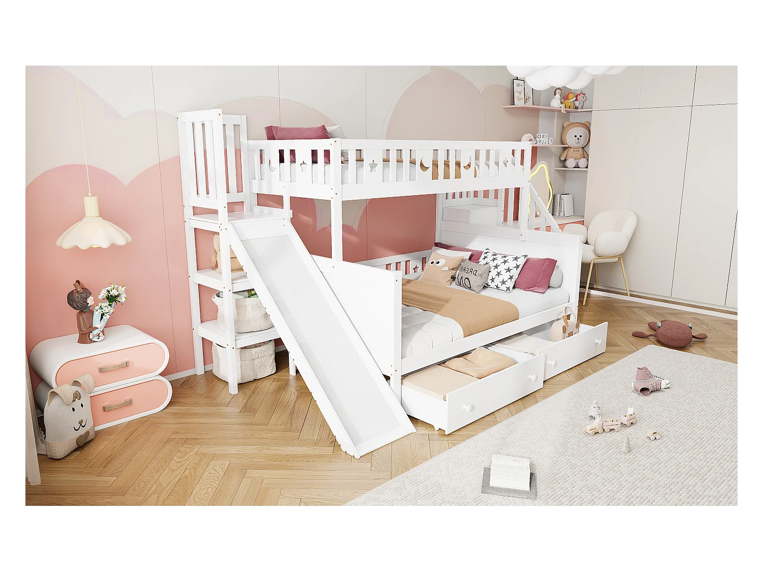 Lit superposés enfant90 x 200 cm + 140 x 200 cm - avec toboggan + escalier de rangement + 2 tiroirs - bois - blanc