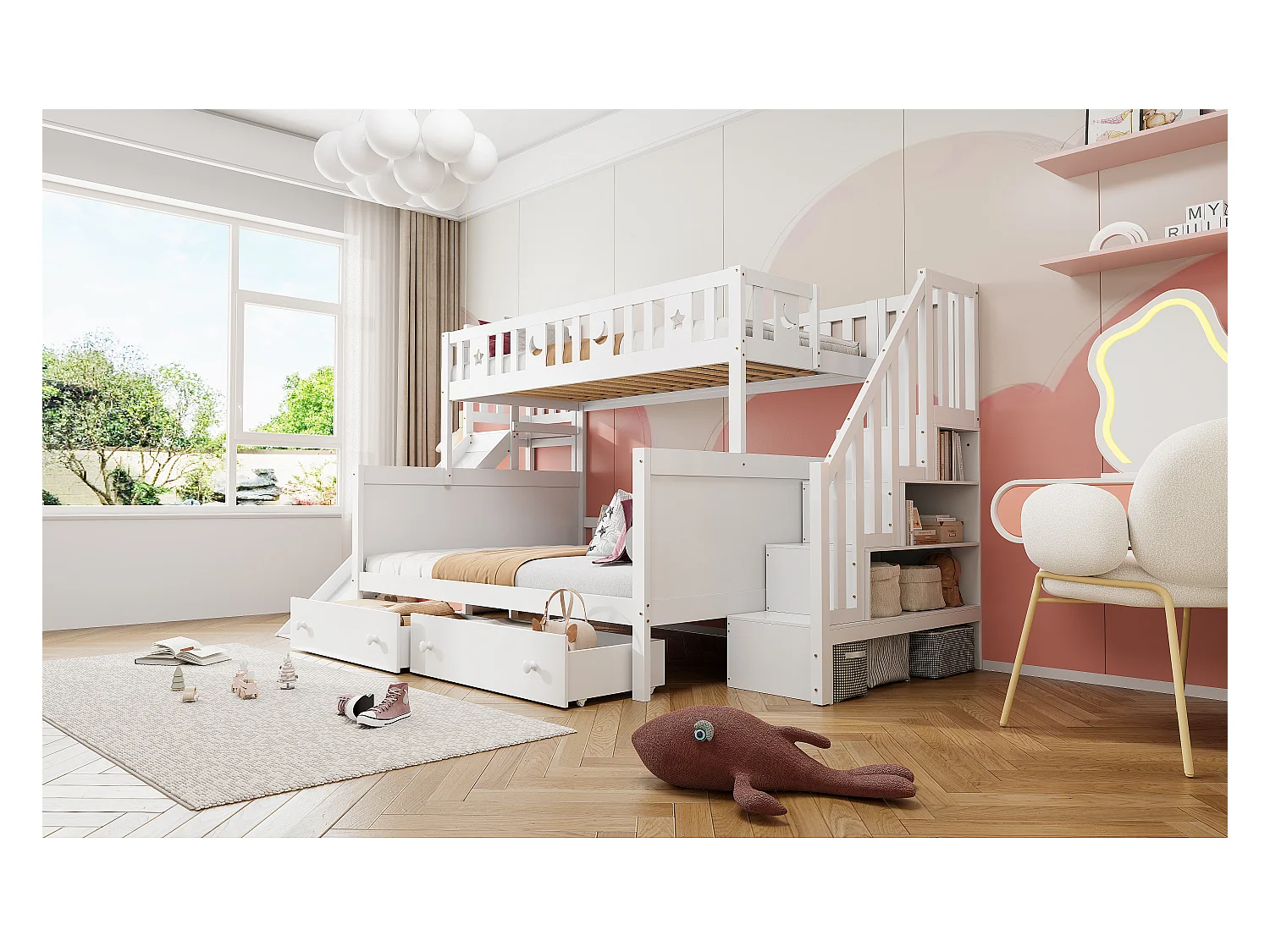 Lit superposés enfant90 x 200 cm + 140 x 200 cm - avec toboggan + escalier de rangement + 2 tiroirs - bois - blanc