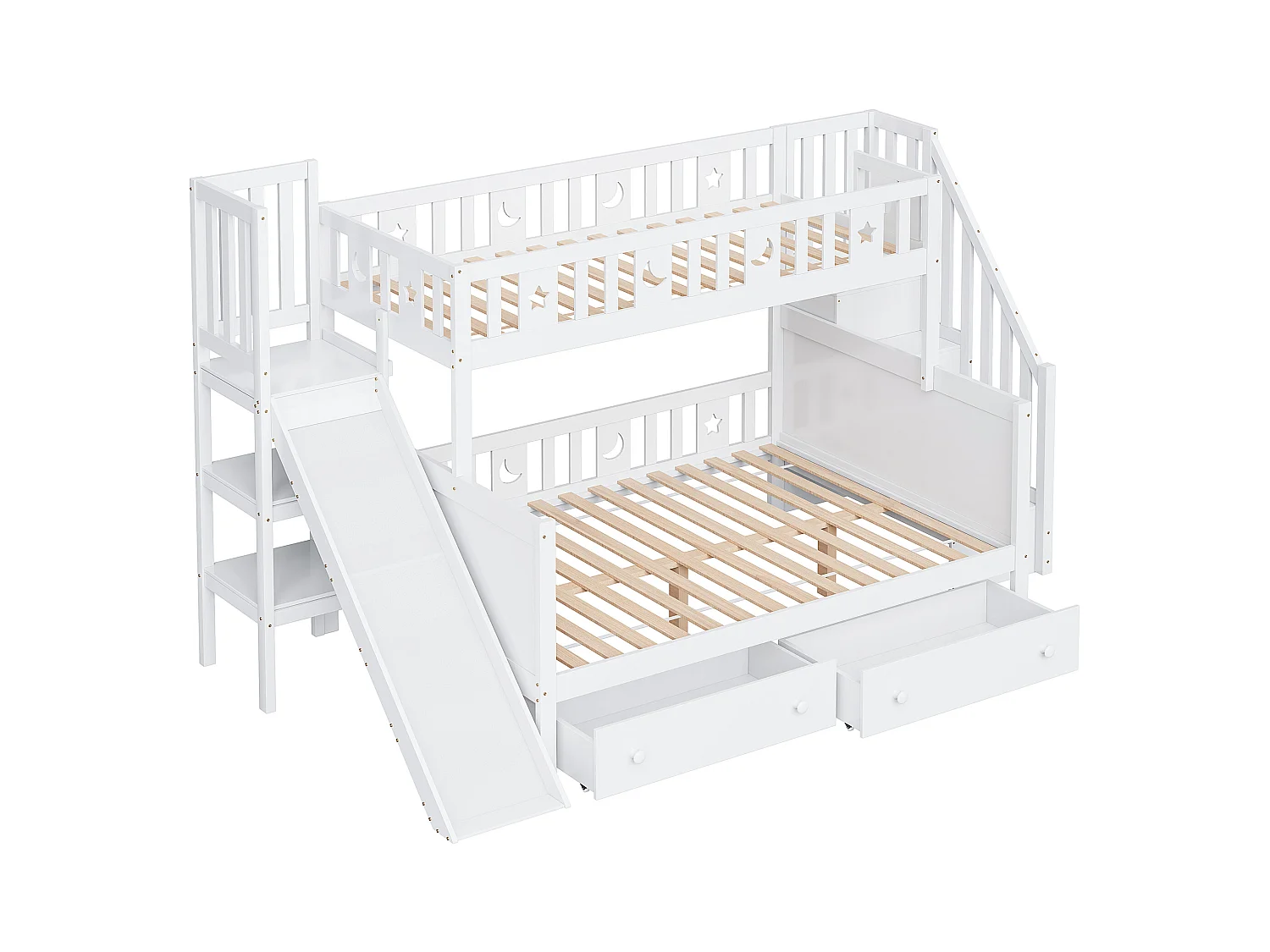 Lit superposés enfant90 x 200 cm + 140 x 200 cm - avec toboggan + escalier de rangement + 2 tiroirs - bois - blanc
